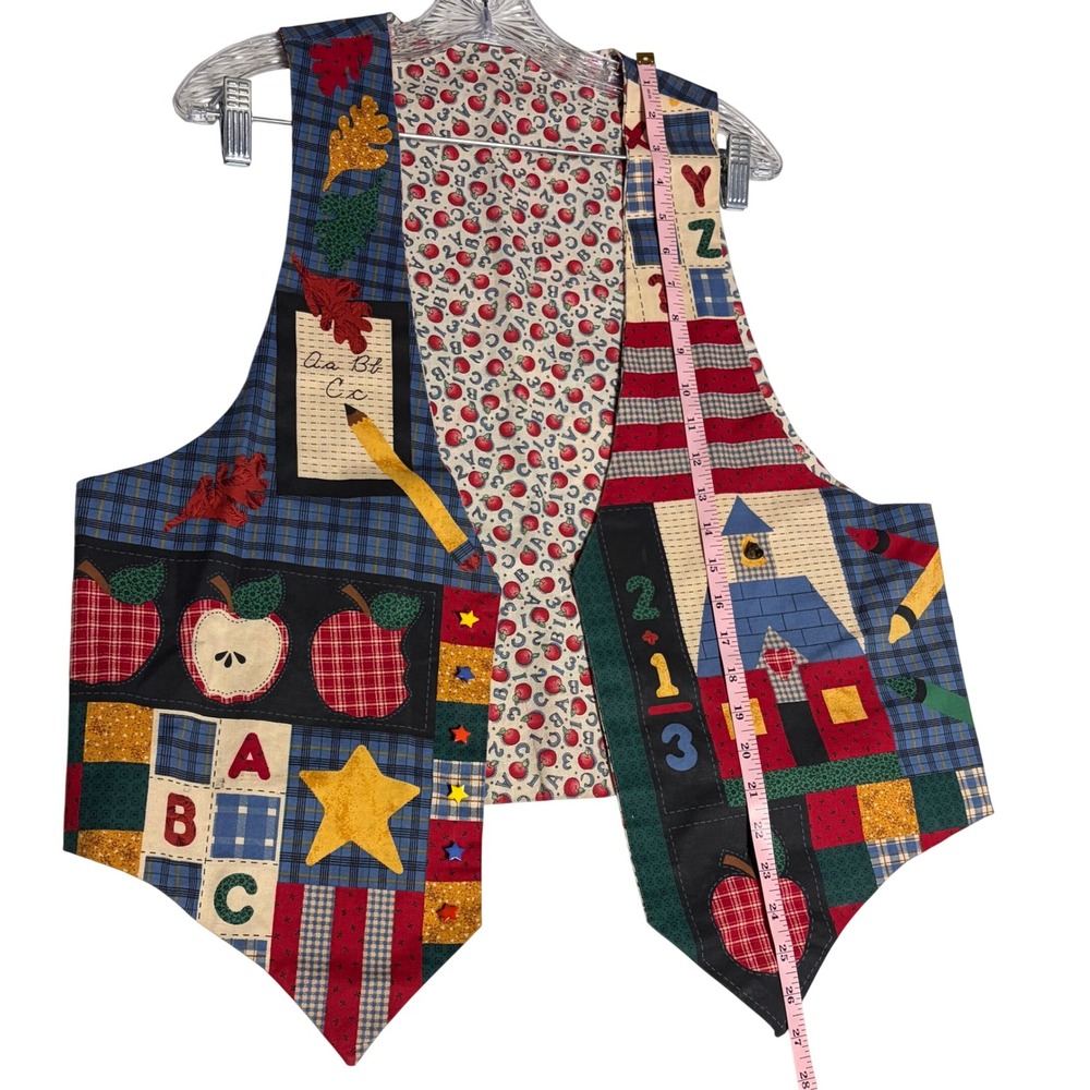 Vintage Teacher Schoolhouse Patchwork Vest Apple ABC School Librarian Handmade - Picture 5 of 5